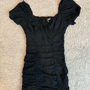 Black Eyelet Puff Sleeve Mini Dress